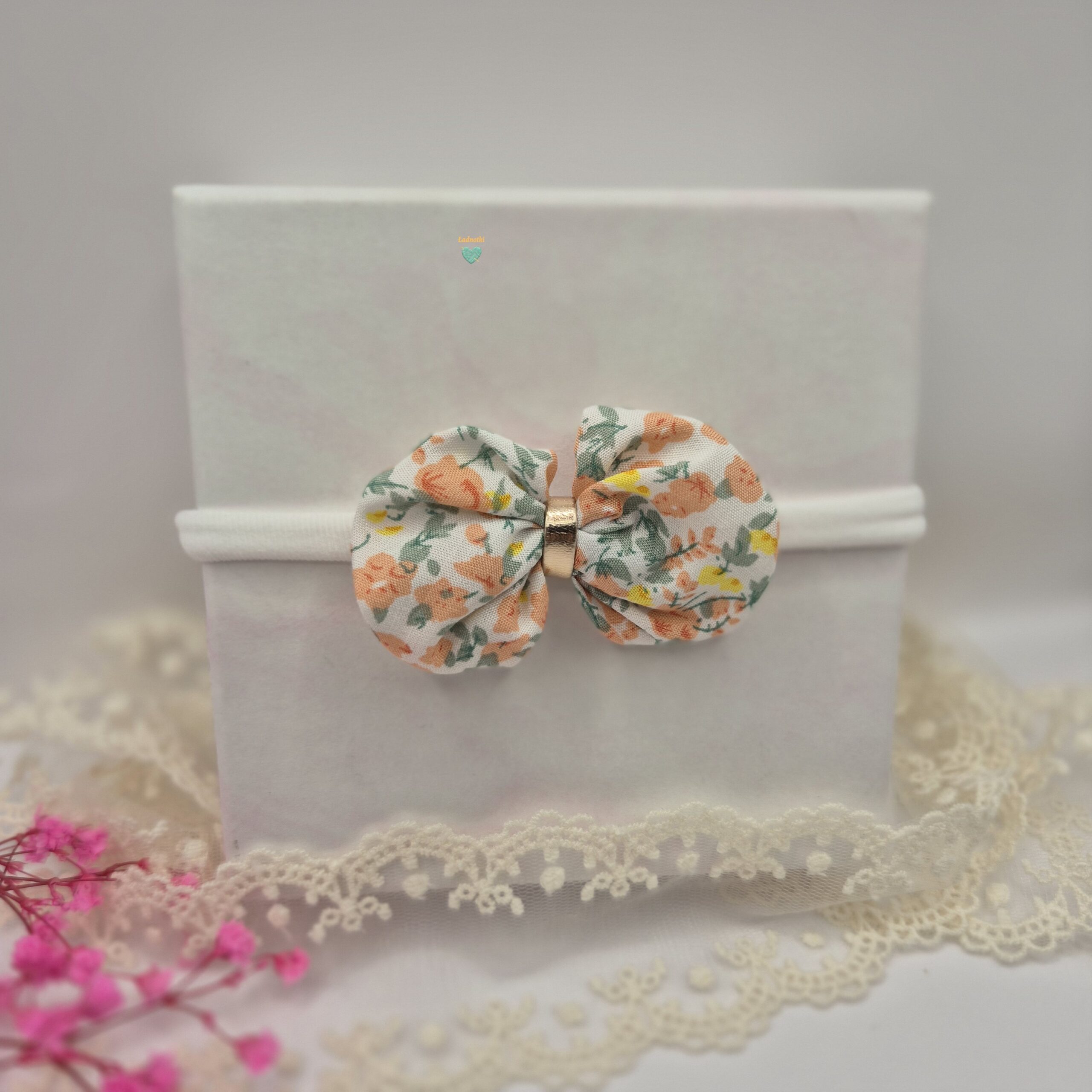 Opaska bezuciskowa z kokardą- wiskoza - pomarańczowe kwiaty